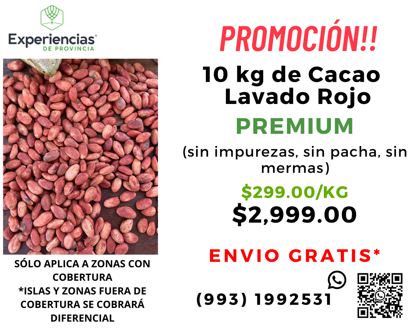 Cacao lavado rojo premium en grano, sin impurezas